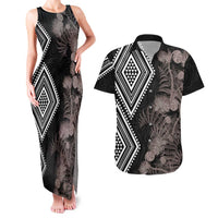 Aotearoa Tukutuku Motif Couples Matching Tank Maxi Dress and Hawaiian Shirt Pohutukawa and Fern Leaves Grayscale Color