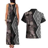 Aotearoa Tukutuku Motif Couples Matching Tank Maxi Dress and Hawaiian Shirt Pohutukawa and Fern Leaves Grayscale Color