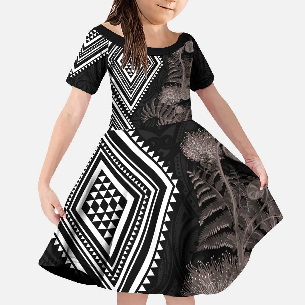 Aotearoa Tukutuku Motif Family Matching Mermaid Dress and Hawaiian Shirt Pohutukawa and Fern Leaves Grayscale Color