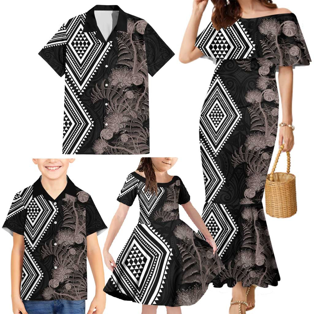 Aotearoa Tukutuku Motif Family Matching Mermaid Dress and Hawaiian Shirt Pohutukawa and Fern Leaves Grayscale Color