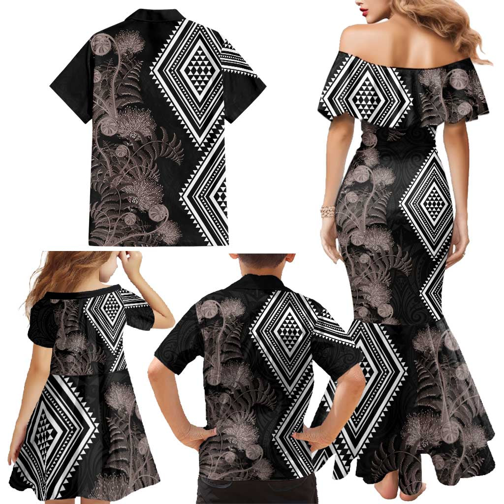 Aotearoa Tukutuku Motif Family Matching Mermaid Dress and Hawaiian Shirt Pohutukawa and Fern Leaves Grayscale Color
