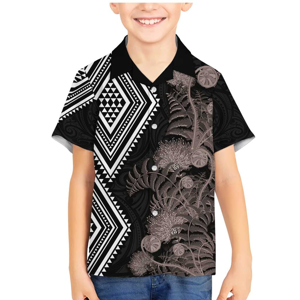 Aotearoa Tukutuku Motif Family Matching Mermaid Dress and Hawaiian Shirt Pohutukawa and Fern Leaves Grayscale Color