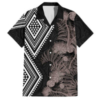 Aotearoa Tukutuku Motif Family Matching Off The Shoulder Long Sleeve Dress and Hawaiian Shirt Pohutukawa and Fern Leaves Grayscale Color