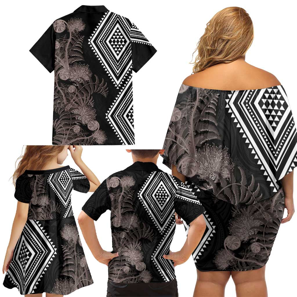 Aotearoa Tukutuku Motif Family Matching Off Shoulder Short Dress and Hawaiian Shirt Pohutukawa and Fern Leaves Grayscale Color