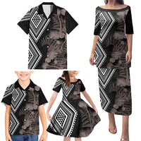Aotearoa Tukutuku Motif Family Matching Puletasi and Hawaiian Shirt Pohutukawa and Fern Leaves Grayscale Color