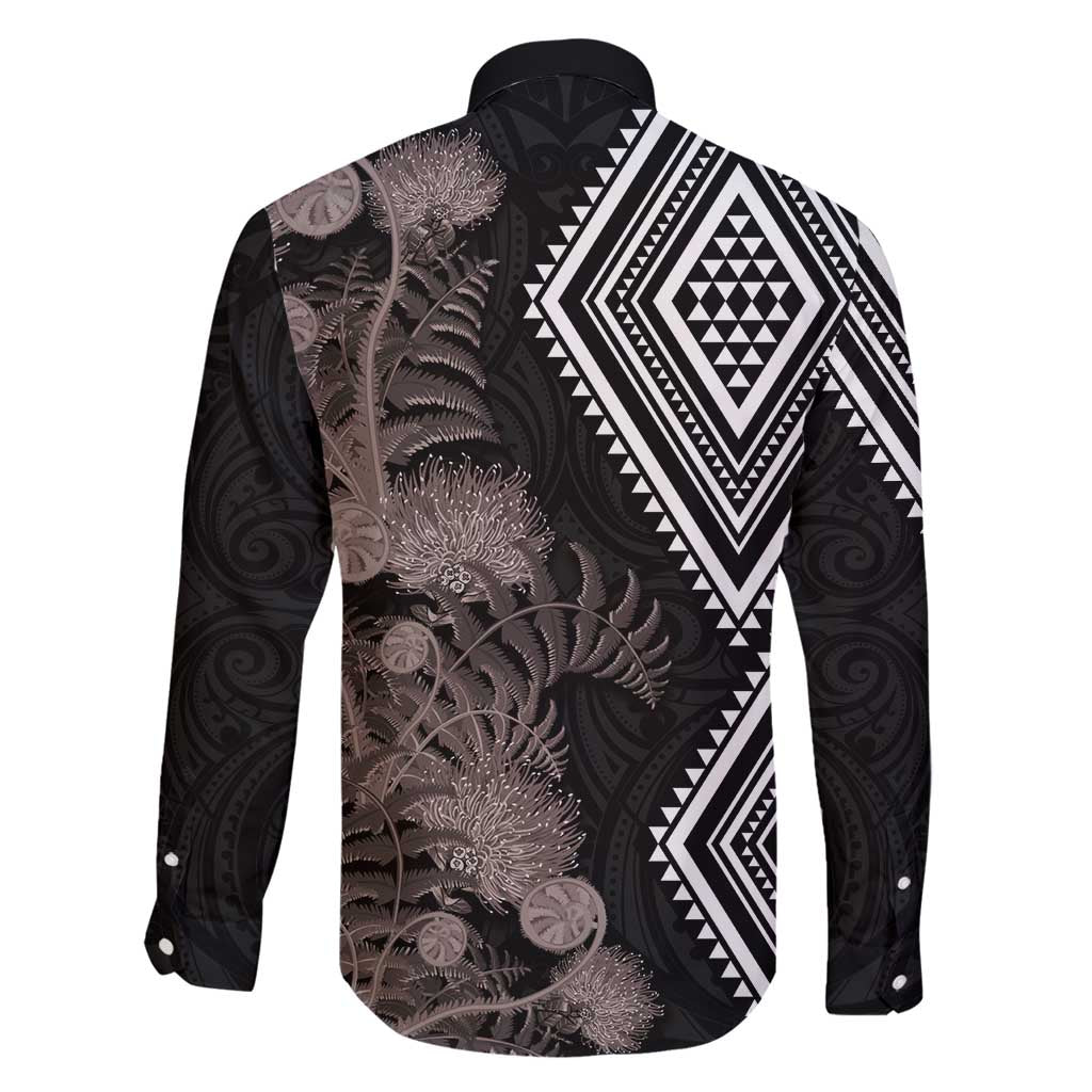 Aotearoa Tukutuku Motif Family Matching Puletasi and Hawaiian Shirt Pohutukawa and Fern Leaves Grayscale Color