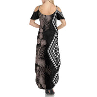Aotearoa Tukutuku Motif Family Matching Summer Maxi Dress and Hawaiian Shirt Pohutukawa and Fern Leaves Grayscale Color