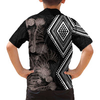 Aotearoa Tukutuku Motif Family Matching Tank Maxi Dress and Hawaiian Shirt Pohutukawa and Fern Leaves Grayscale Color