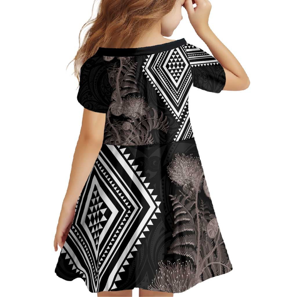 Aotearoa Tukutuku Motif Family Matching Tank Maxi Dress and Hawaiian Shirt Pohutukawa and Fern Leaves Grayscale Color