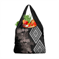 Aotearoa Tukutuku Motif Grocery Bag Pohutukawa and Fern Leaves Grayscale Color