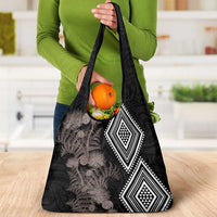 Aotearoa Tukutuku Motif Grocery Bag Pohutukawa and Fern Leaves Grayscale Color