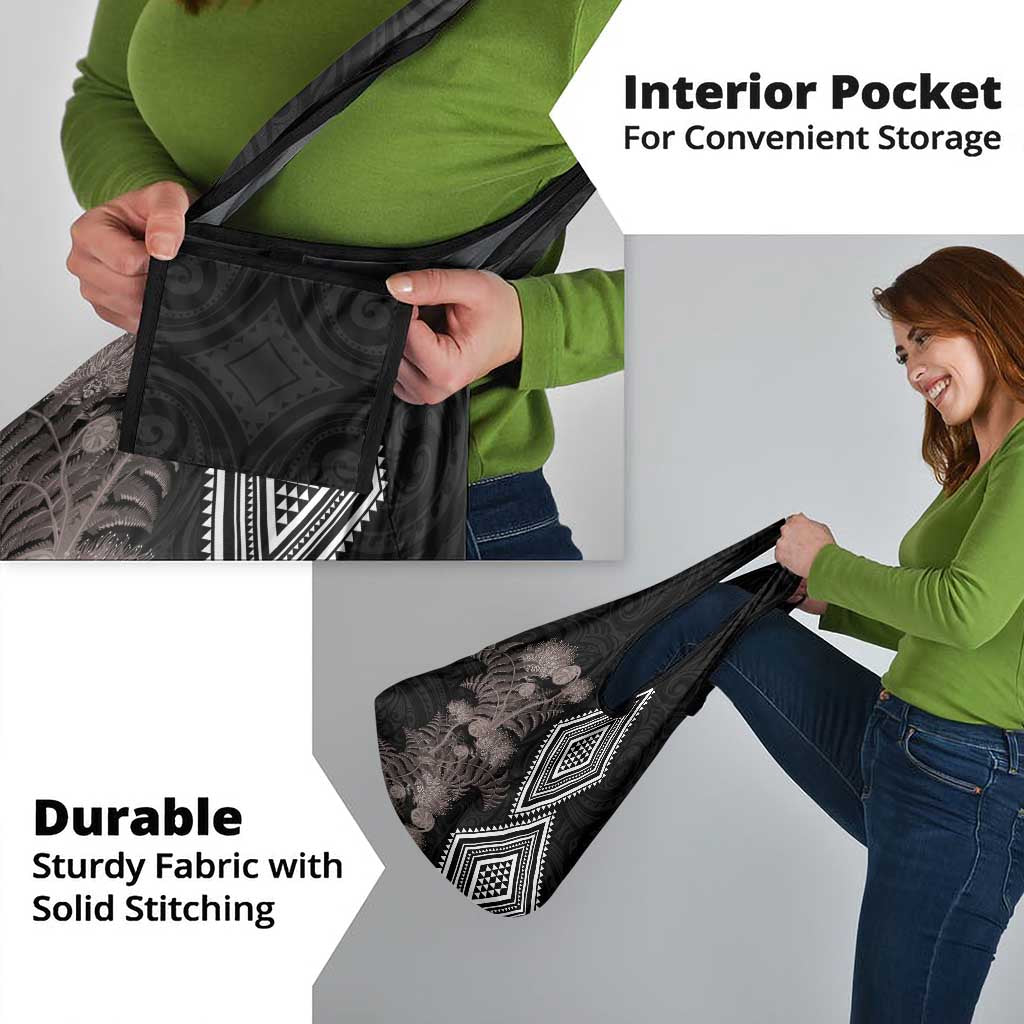 Aotearoa Tukutuku Motif Grocery Bag Pohutukawa and Fern Leaves Grayscale Color