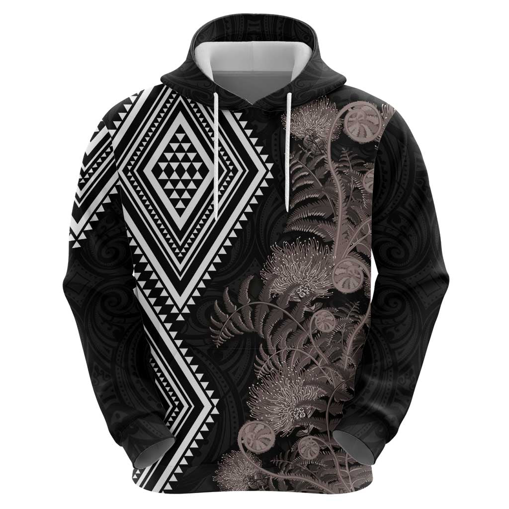 Aotearoa Tukutuku Motif Hoodie Pohutukawa and Fern Leaves Grayscale Color