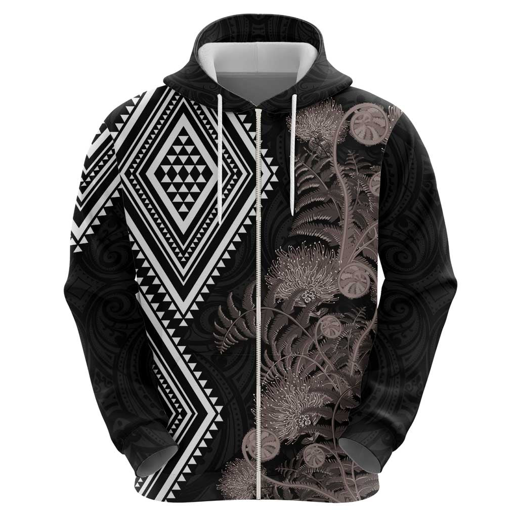 Aotearoa Tukutuku Motif Hoodie Pohutukawa and Fern Leaves Grayscale Color