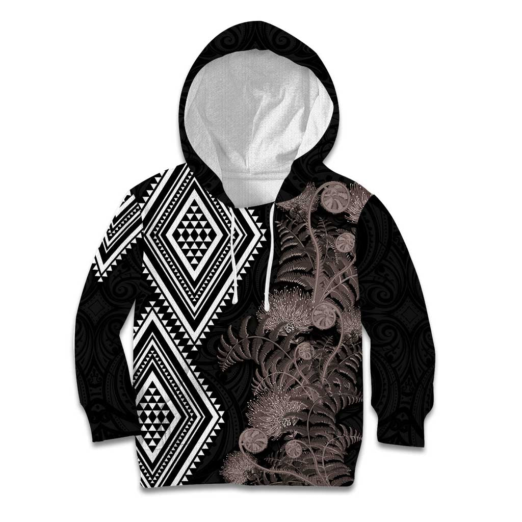 Aotearoa Tukutuku Motif Kid Hoodie Pohutukawa and Fern Leaves Grayscale Color