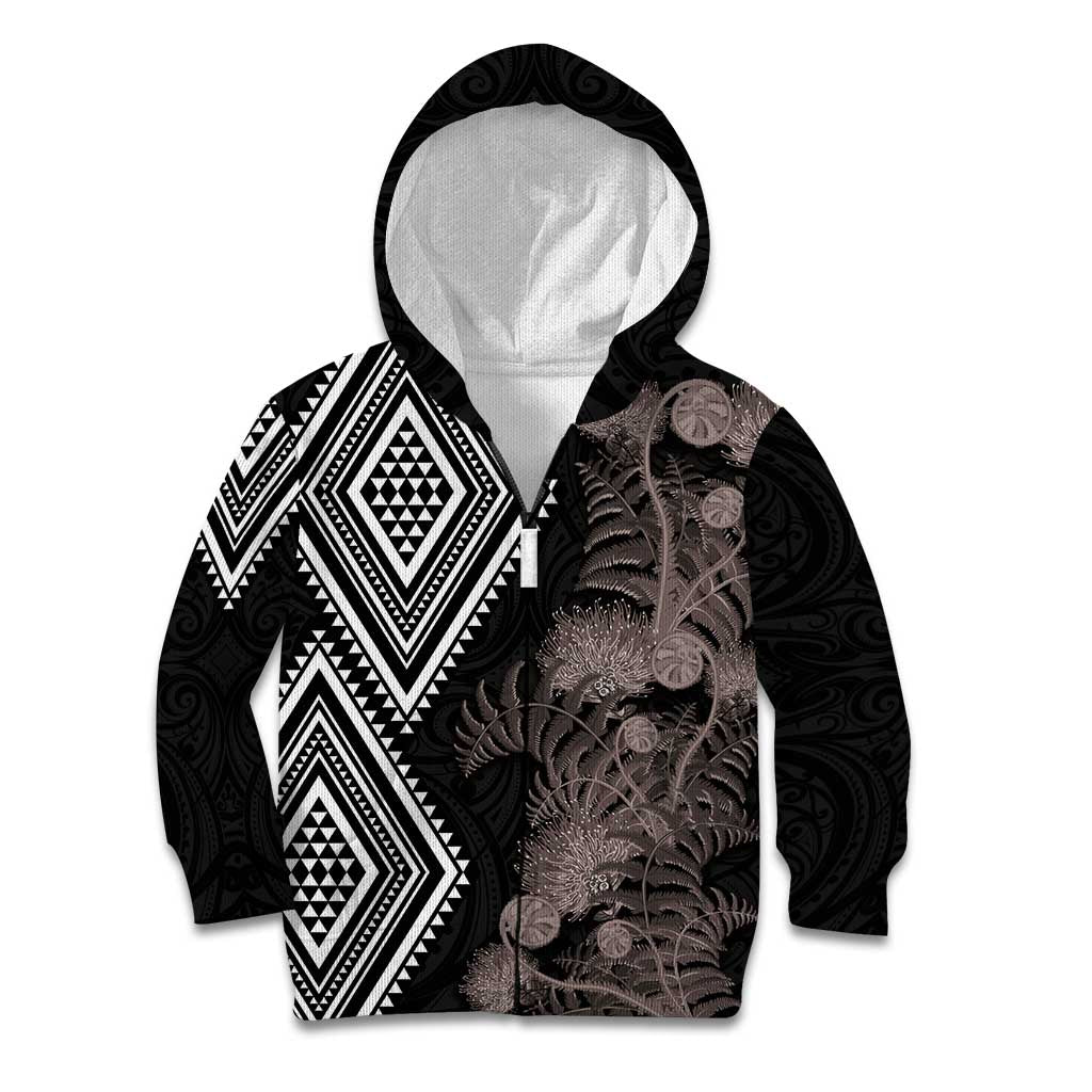 Aotearoa Tukutuku Motif Kid Hoodie Pohutukawa and Fern Leaves Grayscale Color