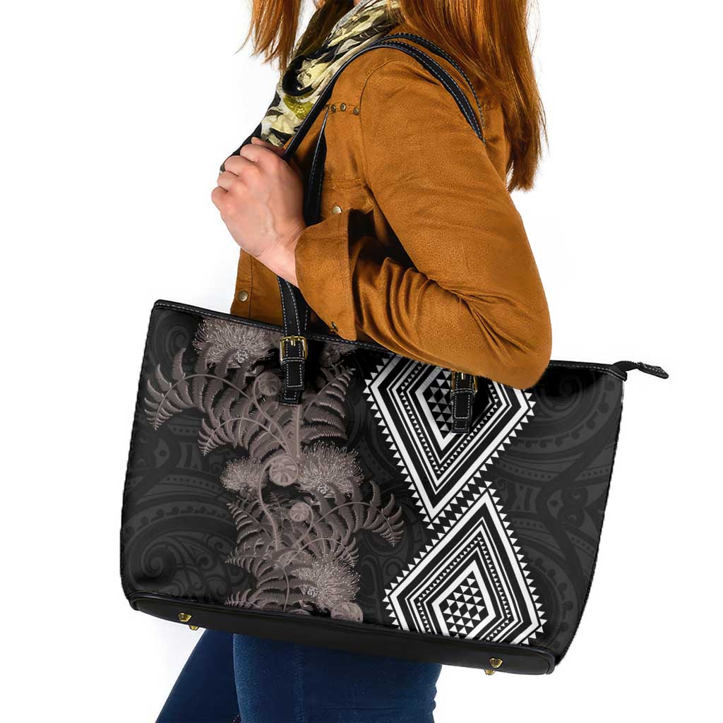 Aotearoa Tukutuku Motif Leather Tote Bag Pohutukawa and Fern Leaves Grayscale Color