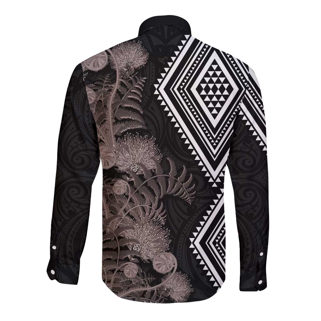 Aotearoa Tukutuku Motif Long Sleeve Button Shirt Pohutukawa and Fern Leaves Grayscale Color