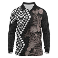 Aotearoa Tukutuku Motif Long Sleeve Polo Shirt Pohutukawa and Fern Leaves Grayscale Color