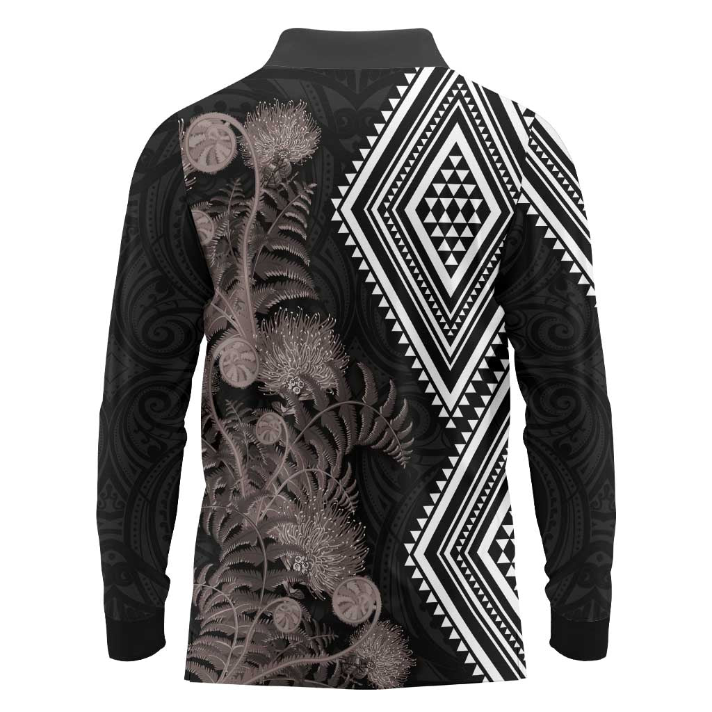 Aotearoa Tukutuku Motif Long Sleeve Polo Shirt Pohutukawa and Fern Leaves Grayscale Color