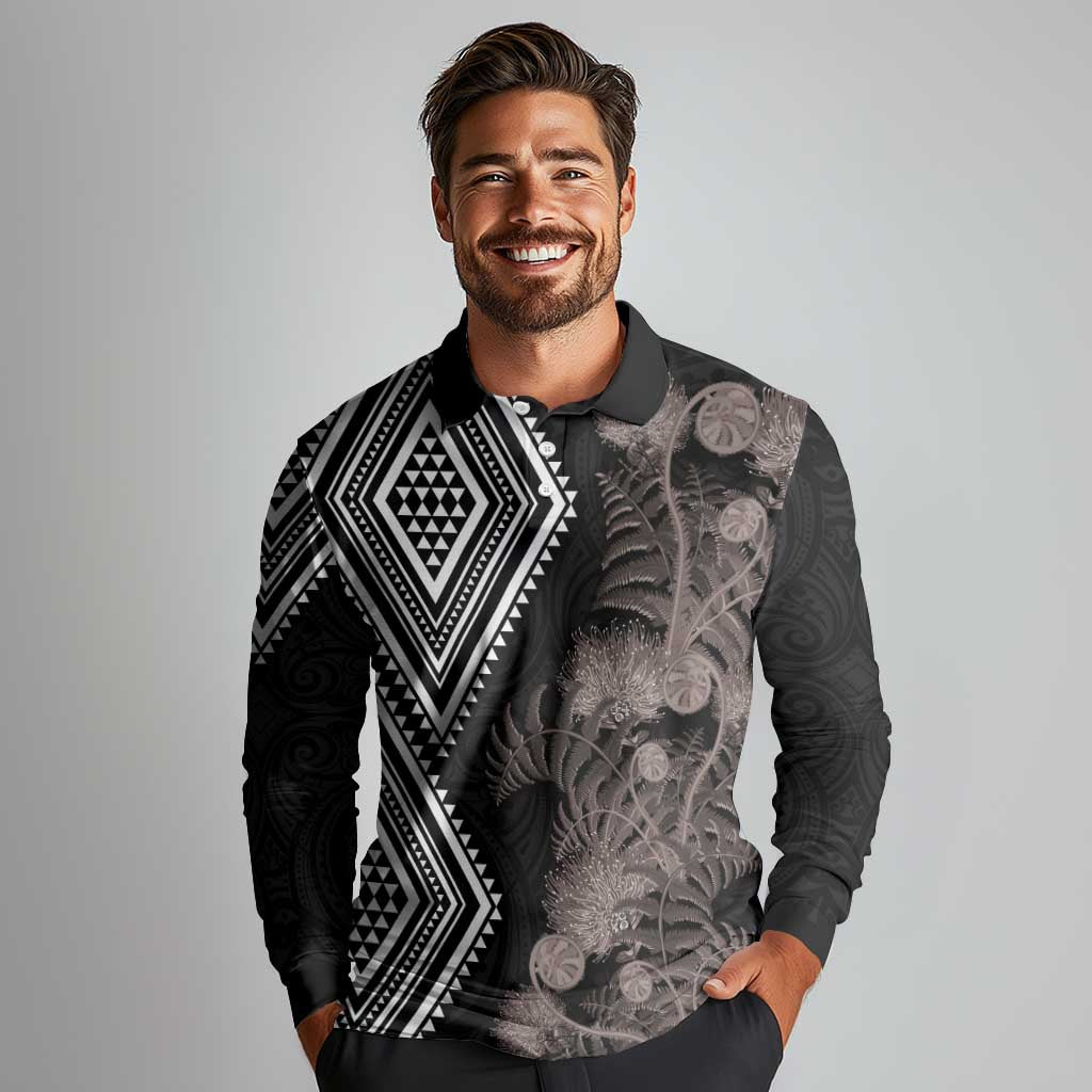 Aotearoa Tukutuku Motif Long Sleeve Polo Shirt Pohutukawa and Fern Leaves Grayscale Color