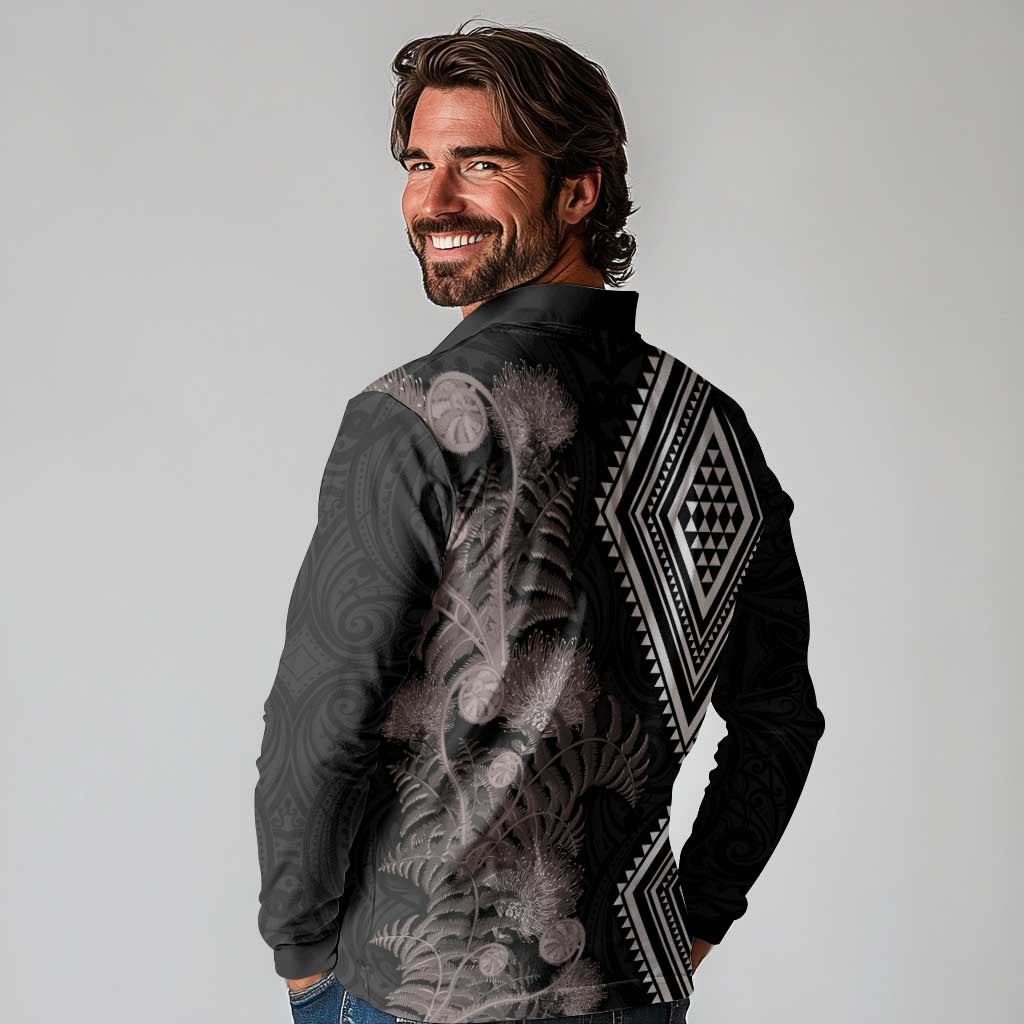 Aotearoa Tukutuku Motif Long Sleeve Polo Shirt Pohutukawa and Fern Leaves Grayscale Color