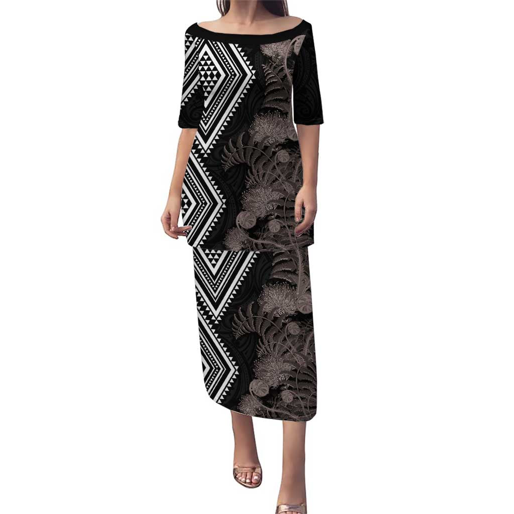 Aotearoa Tukutuku Motif Puletasi Pohutukawa and Fern Leaves Grayscale Color