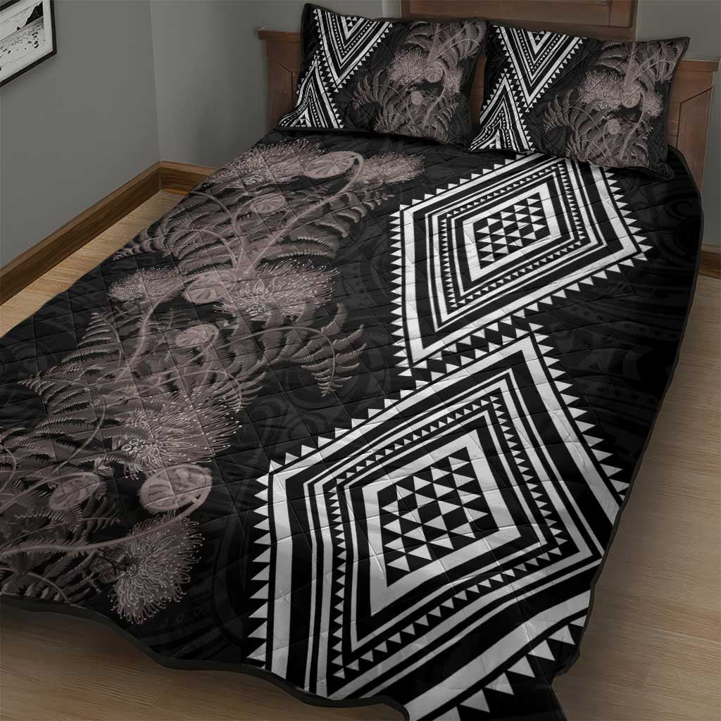 Aotearoa Tukutuku Motif Quilt Bed Set Pohutukawa and Fern Leaves Grayscale Color
