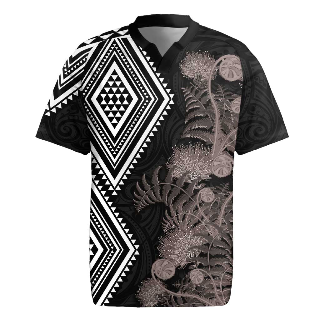 Aotearoa Tukutuku Motif Rugby Jersey Pohutukawa and Fern Leaves Grayscale Color