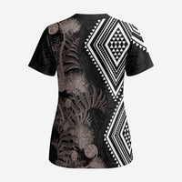 Aotearoa Tukutuku Motif Scrub Top Pohutukawa and Fern Leaves Grayscale Color - Polynesian Pride