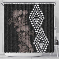 Aotearoa Tukutuku Motif Shower Curtain Pohutukawa and Fern Leaves Grayscale Color