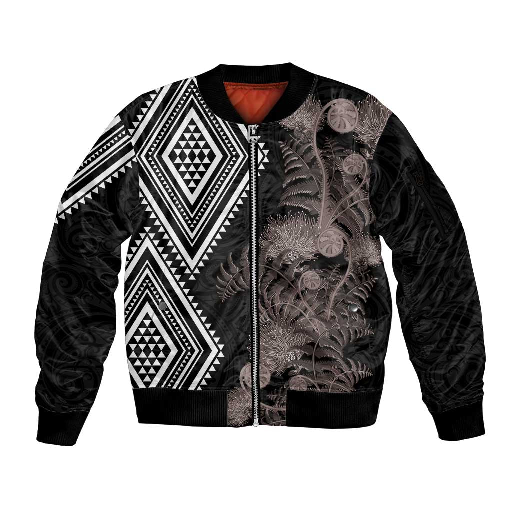 Aotearoa Tukutuku Motif Sleeve Zip Bomber Jacket Pohutukawa and Fern Leaves Grayscale Color LT03 Unisex Black - Polynesian Pride