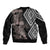 Aotearoa Tukutuku Motif Sleeve Zip Bomber Jacket Pohutukawa and Fern Leaves Grayscale Color