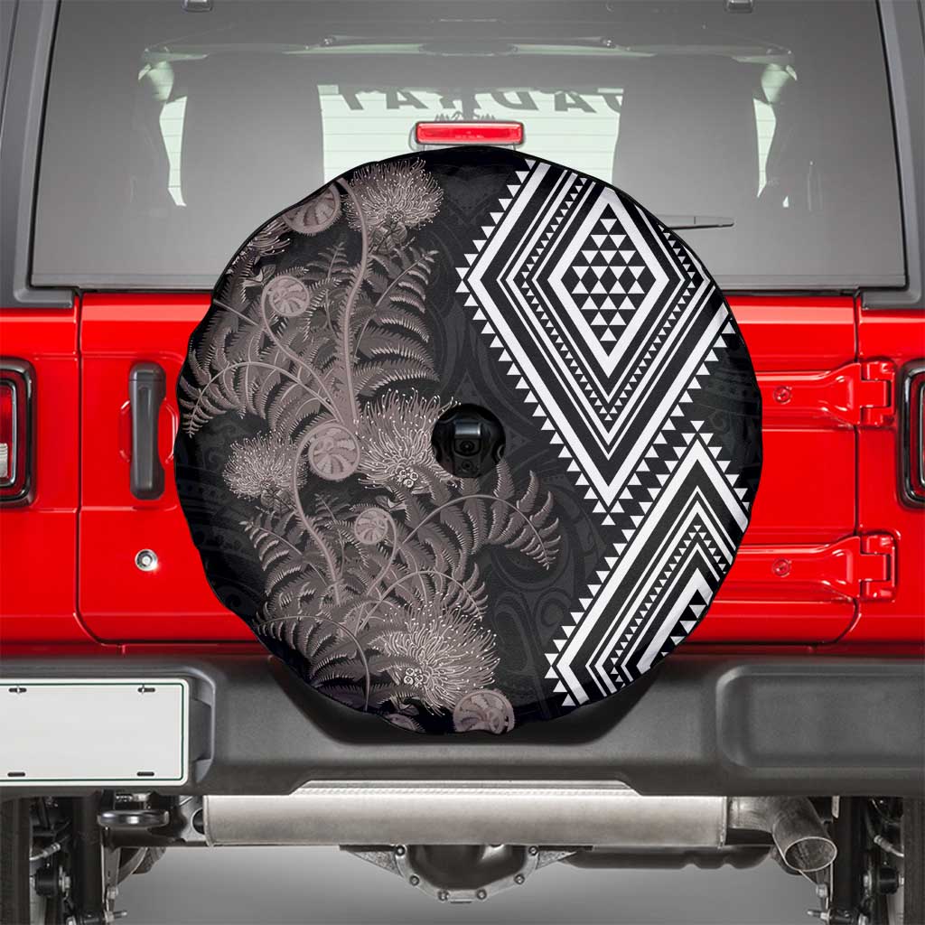Aotearoa Tukutuku Motif Spare Tire Cover Pohutukawa and Fern Leaves Grayscale Color
