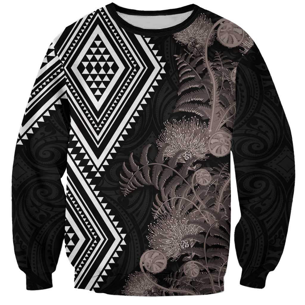 Aotearoa Tukutuku Motif Sweatshirt Pohutukawa and Fern Leaves Grayscale Color