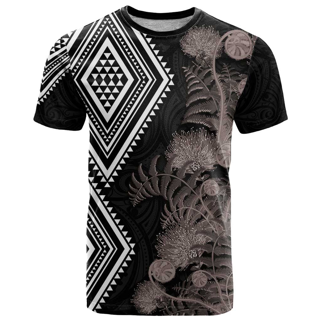Aotearoa Tukutuku Motif T Shirt Pohutukawa and Fern Leaves Grayscale Color