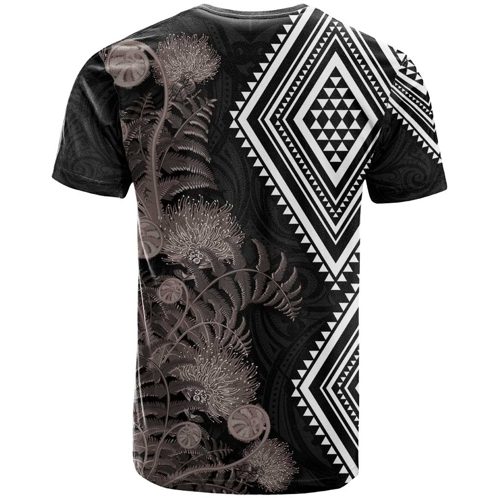 Aotearoa Tukutuku Motif T Shirt Pohutukawa and Fern Leaves Grayscale Color