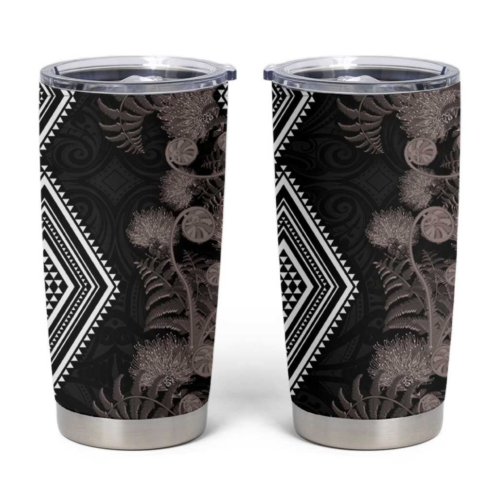 Aotearoa Tukutuku Motif Tumbler Cup Pohutukawa and Fern Leaves Grayscale Color