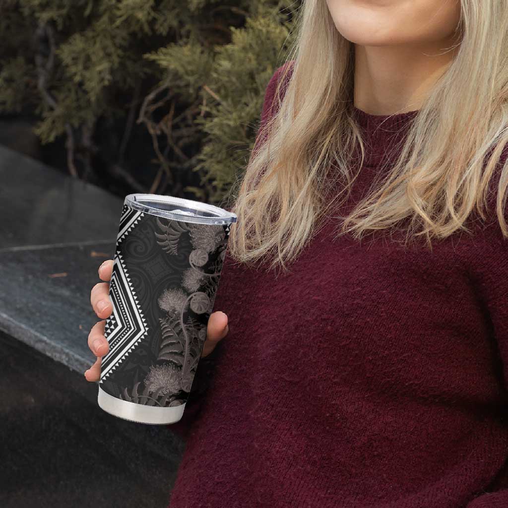 Aotearoa Tukutuku Motif Tumbler Cup Pohutukawa and Fern Leaves Grayscale Color