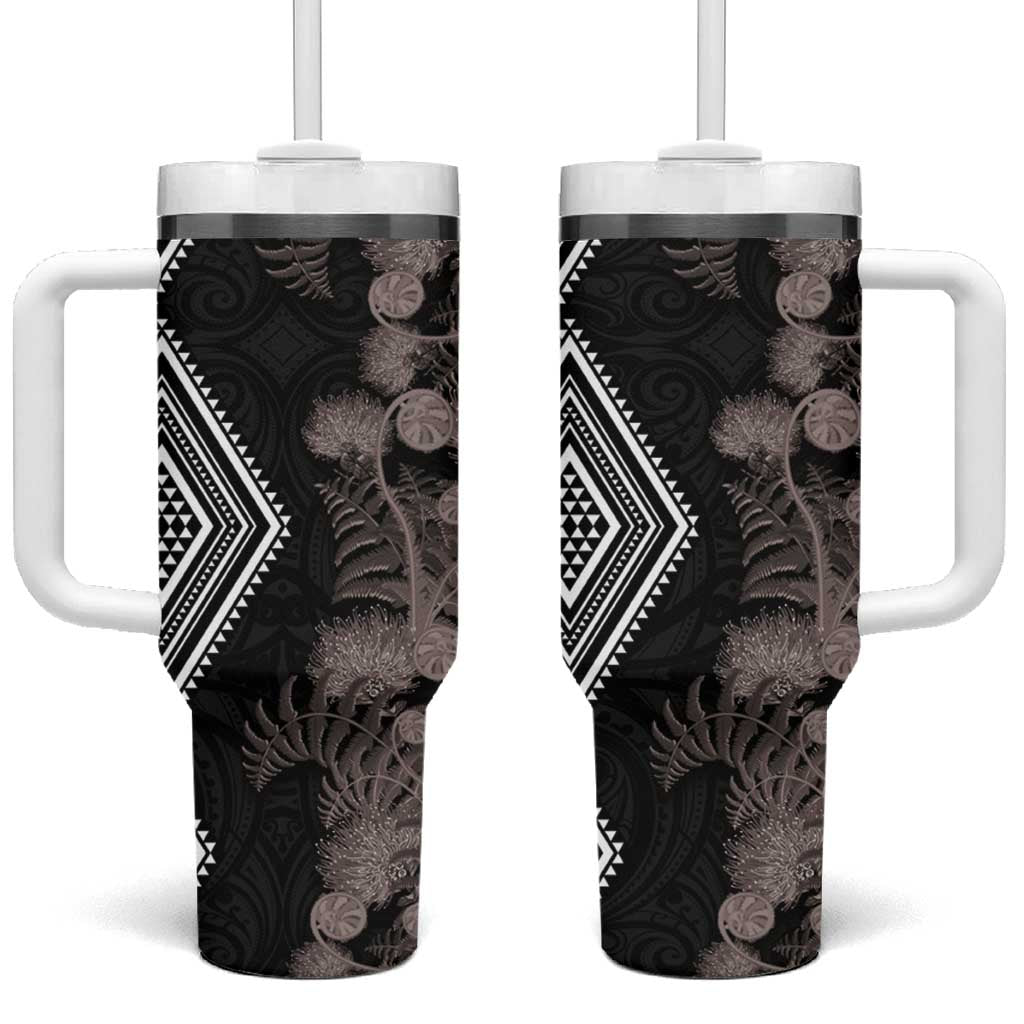 Aotearoa Tukutuku Motif Tumbler With Handle Pohutukawa and Fern Leaves Grayscale Color