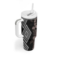 Aotearoa Tukutuku Motif Tumbler With Handle Pohutukawa and Fern Leaves Grayscale Color