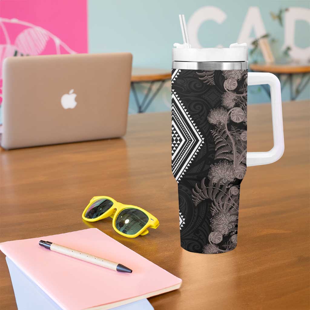 Aotearoa Tukutuku Motif Tumbler With Handle Pohutukawa and Fern Leaves Grayscale Color