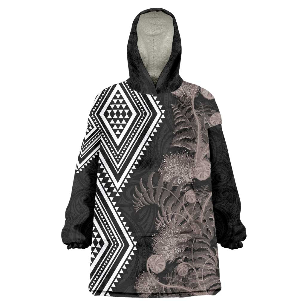 Aotearoa Tukutuku Motif Wearable Blanket Hoodie Pohutukawa and Fern Leaves Grayscale Color LT03 One Size Black - Polynesian Pride