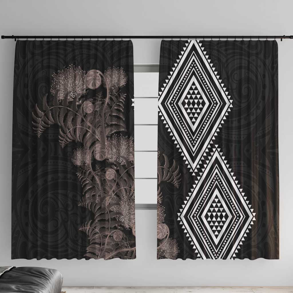 Aotearoa Tukutuku Motif Window Curtain Pohutukawa and Fern Leaves Grayscale Color LT03 With Hooks Black - Polynesian Pride