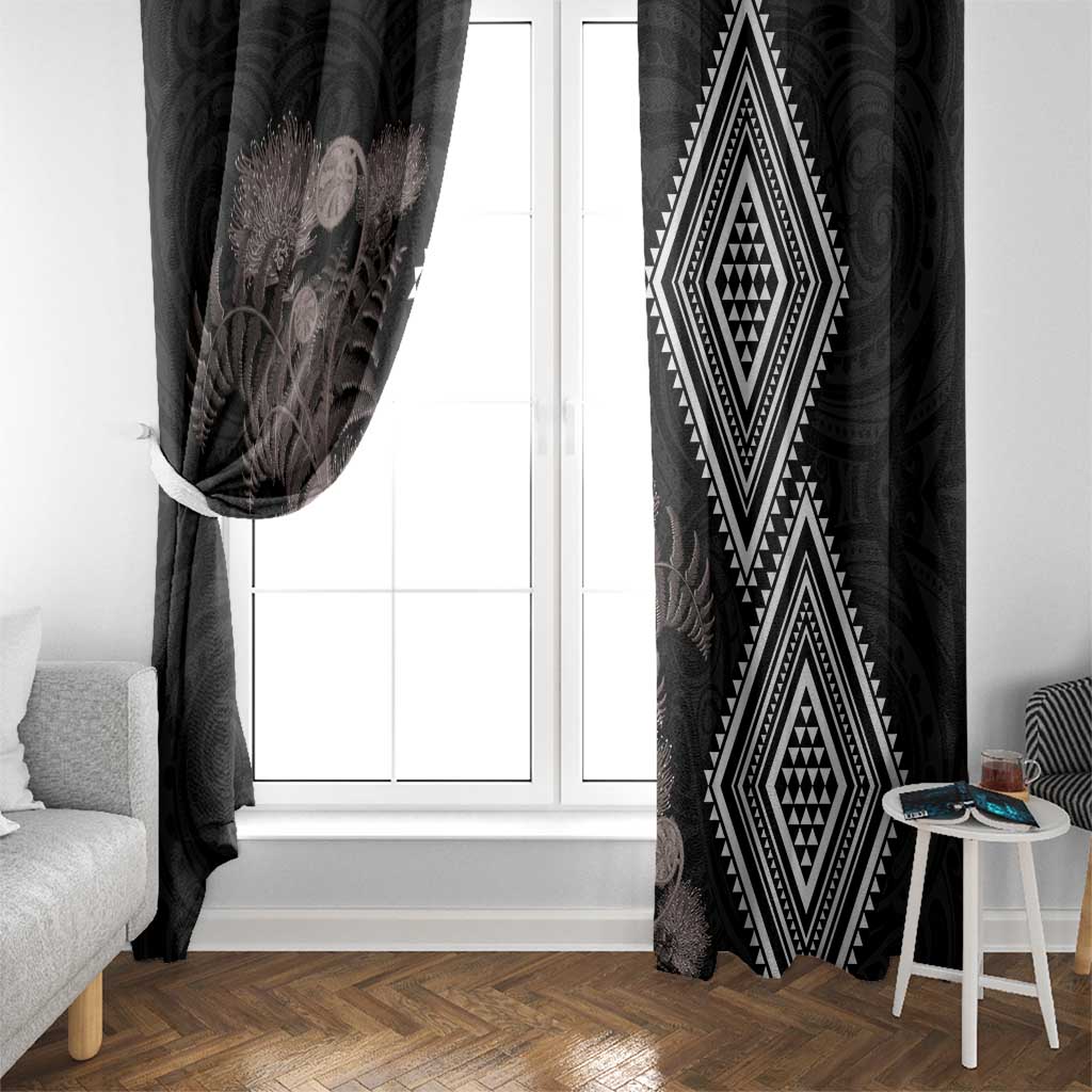 Aotearoa Tukutuku Motif Window Curtain Pohutukawa and Fern Leaves Grayscale Color