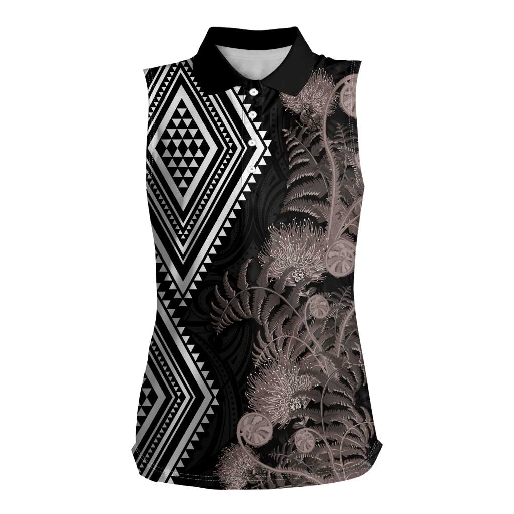 Aotearoa Tukutuku Motif Women Sleeveless Polo Shirt Pohutukawa and Fern Leaves Grayscale Color