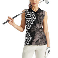 Aotearoa Tukutuku Motif Women Sleeveless Polo Shirt Pohutukawa and Fern Leaves Grayscale Color