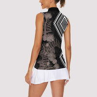 Aotearoa Tukutuku Motif Women Sleeveless Polo Shirt Pohutukawa and Fern Leaves Grayscale Color