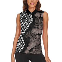 Aotearoa Tukutuku Motif Women Sleeveless Polo Shirt Pohutukawa and Fern Leaves Grayscale Color