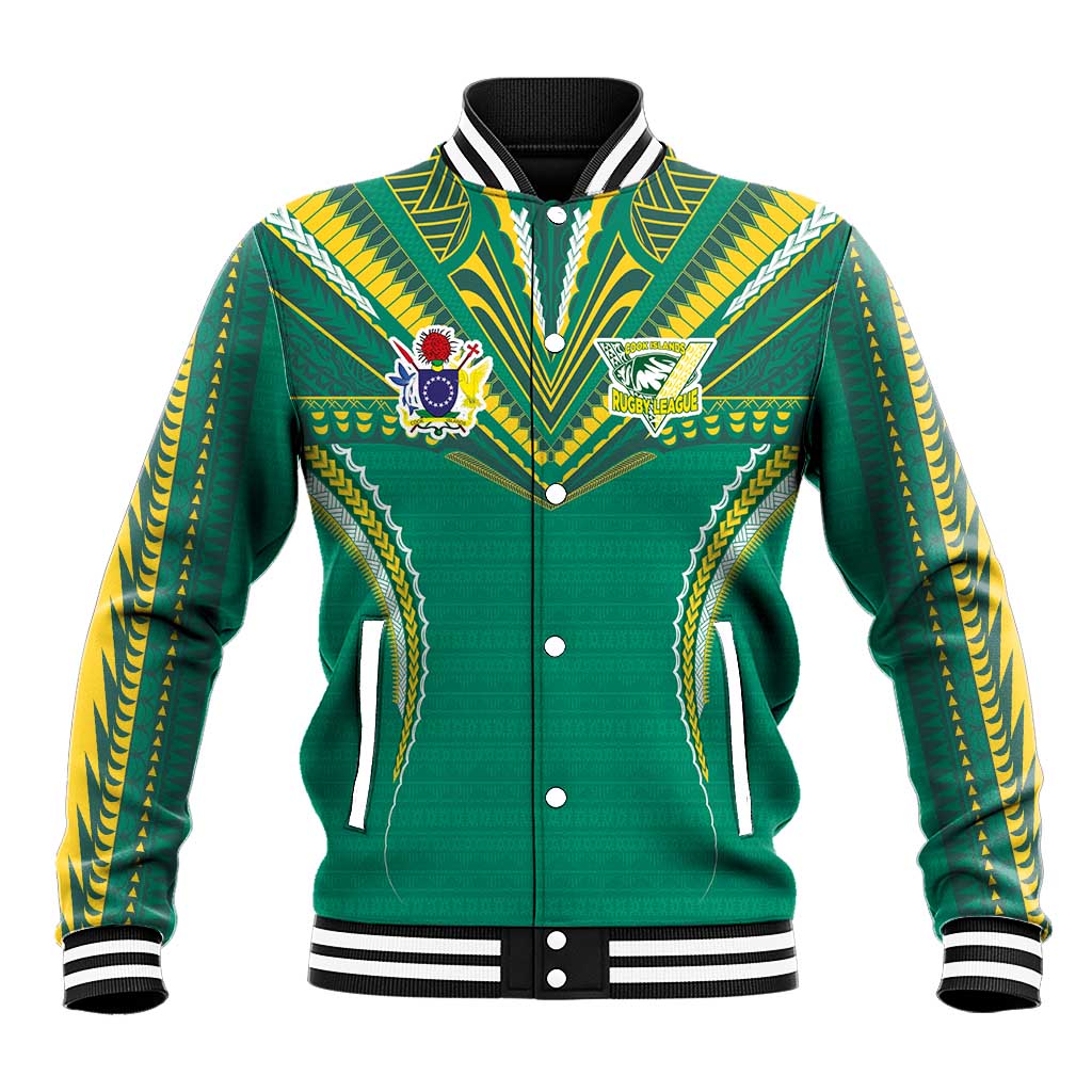 Custom Cook Islands Rugby Baseball Jacket Tatau Art Sport Style Green Color
